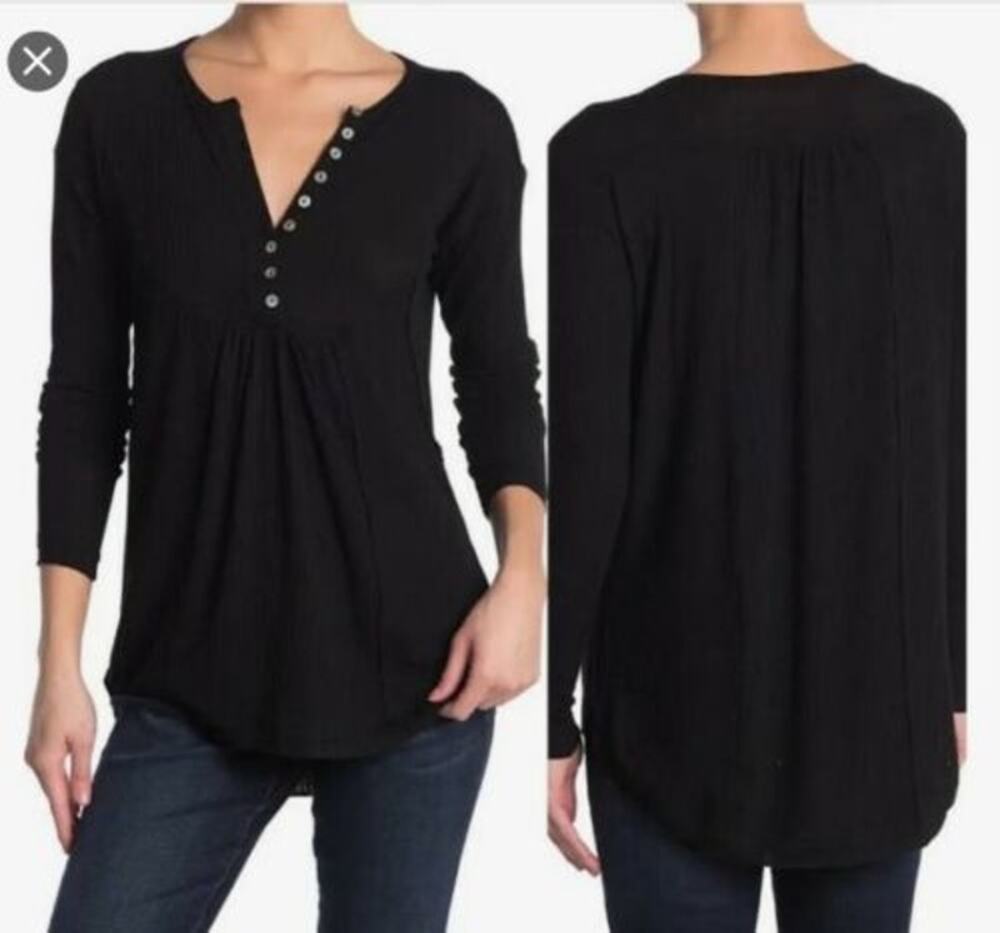 Sweet Romeo Women's Henley Thermal Top Black Size 1X NEW Curvy Yoked Waffle Knit